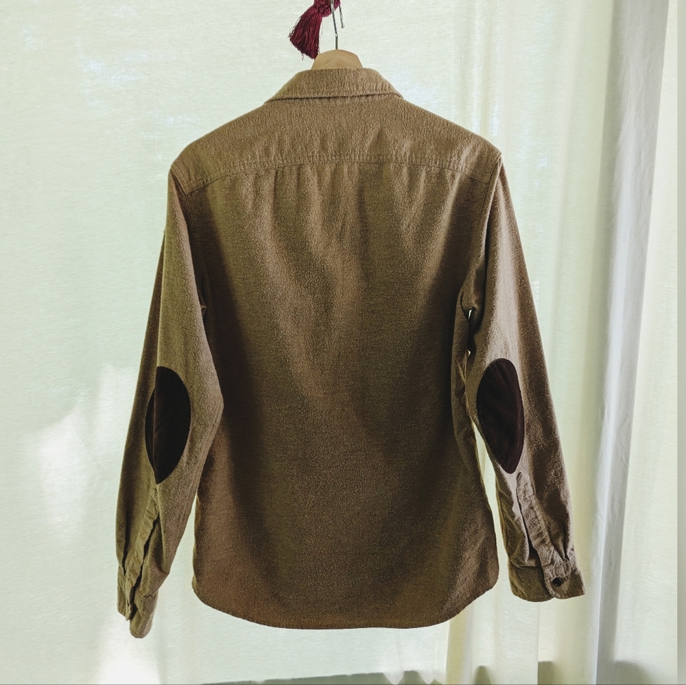 J Crew 100% Cotton Button Up Shirt With Suede Elbow Patches, Camel And Brown